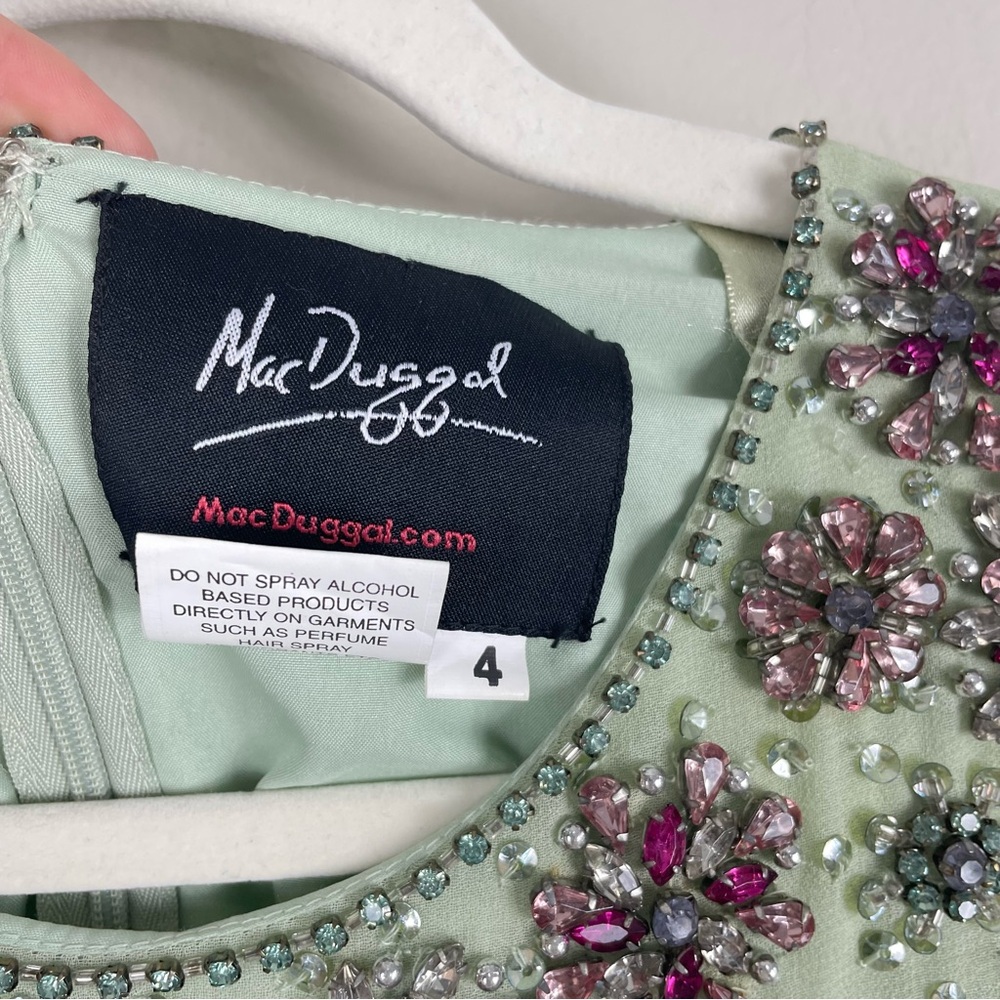 Mac Duggal Floral Beaded Dress Women 4 Sequins Tea Length Sage Green Long Sleeve - Picture 9 of 13